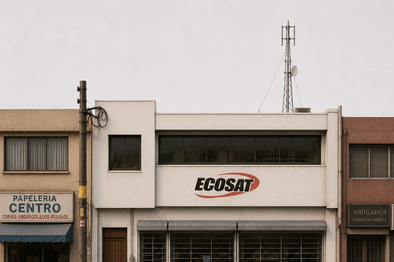 Street-front office in the nineties with Ecosat’s original logo and a radio tower on the roof.