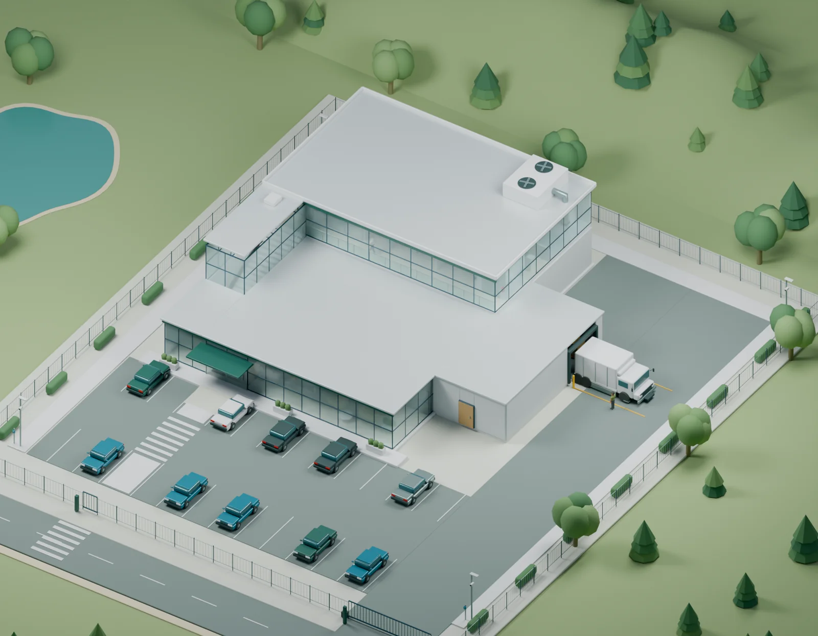 Model of a corporate building seen from above with the roof on: glass façade, main entrance, parking, loading dock and cooling units on the rooftop.