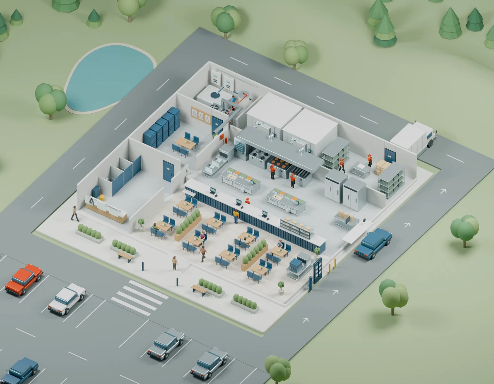 The same model without the roof: receiving and cold rooms, kitchen, service point and drive-thru, dining room and restrooms, facilities, and shift and staff.